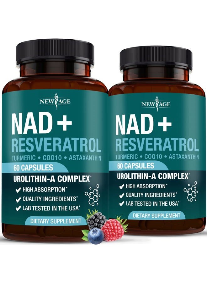 New Age مكمل NAD+ المعقد – NAD+ 300 ملغ مع أستازانتين، يوروليثين A، ريسفيراترول، CoQ10 ومزيج مضادات الأكسدة – طاقة خلوية، دعم الميتوكوندريا للنساء والرجال – نباتي، غير معدل وراثيًا - 120 حبة - Image 1