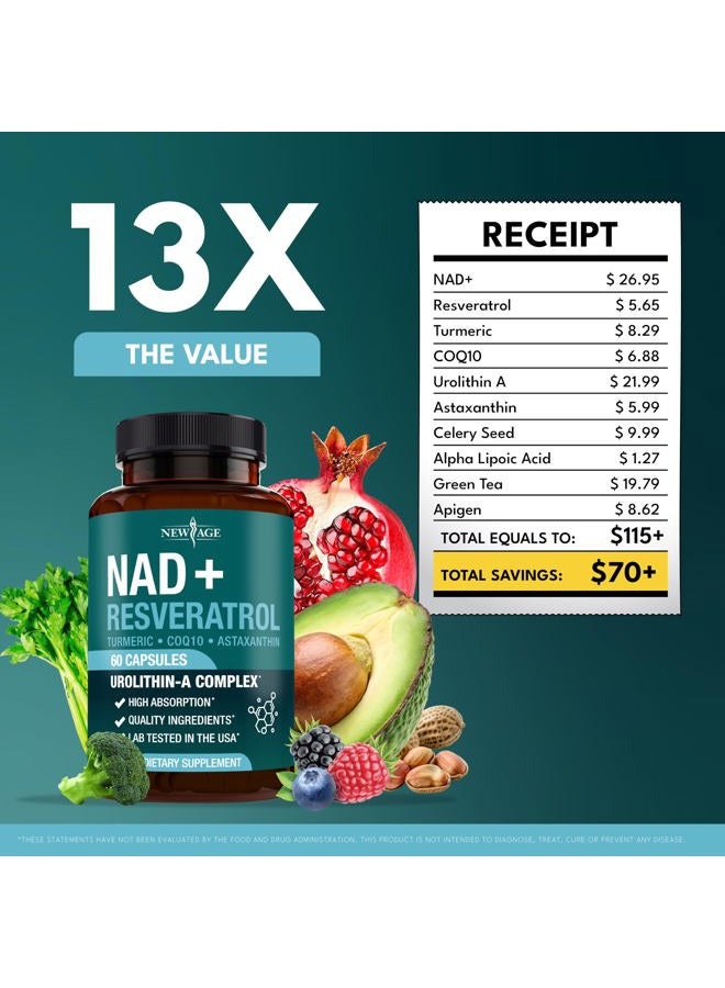 New Age مكمل NAD+ المعقد – NAD+ 300 ملغ مع أستازانتين، يوروليثين A، ريسفيراترول، CoQ10 ومزيج مضادات الأكسدة – طاقة خلوية، دعم الميتوكوندريا للنساء والرجال – نباتي، غير معدل وراثيًا - 120 حبة - Image 4