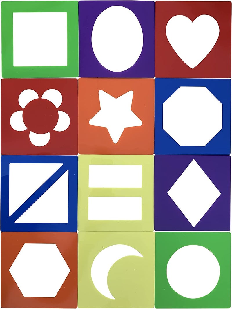 Haoser 12 Pieces,Geometric Shapes Stencils Simple Painting Stencils Triangle Round Wooden Color Drawing Templates Art Painting Templates for DIY Craft (4 Inch) - Image 1