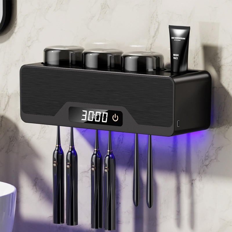 Wekity Wall-Mounted Toothbrush Holder, Automatic Toothpaste Dispenser Space Saving Toothbrush and Toothpaste Holder，Multi-Functional Toothbrush Holder with 2 Cups for Bathroom (Black) - Image 1