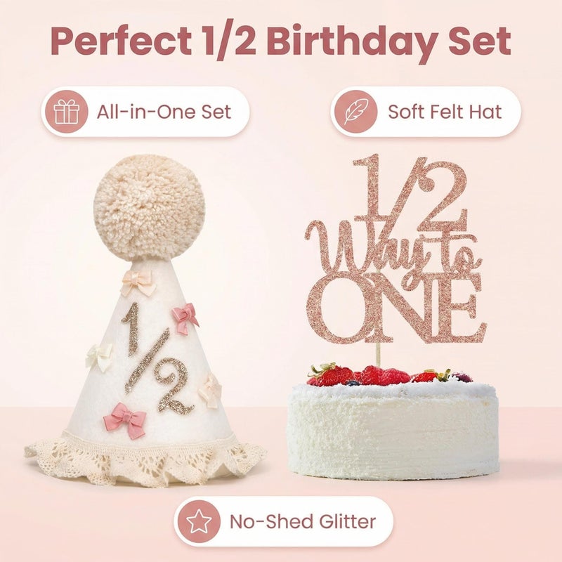 UreverFins Bow 1/2 Birthday Hat Girl â€œ1/2 Way to Oneâ€ Cake Topper Set, Boho Baby Half Birthday Hat Crown, 6-Month Party Decorations Supplies, Half Way to One for Girl Outfit, Cake Smash Outfit - Image 2