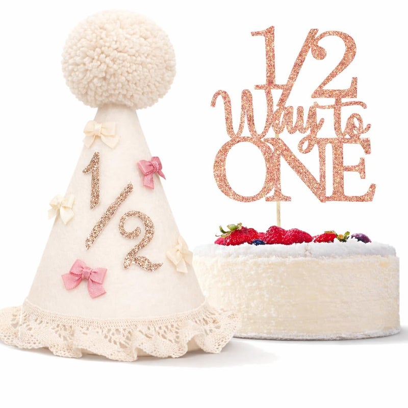 UreverFins Bow 1/2 Birthday Hat Girl â€œ1/2 Way to Oneâ€ Cake Topper Set, Boho Baby Half Birthday Hat Crown, 6-Month Party Decorations Supplies, Half Way to One for Girl Outfit, Cake Smash Outfit - Image 1