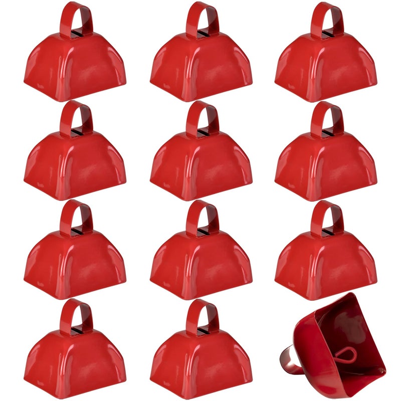 Bedwina Metal Cowbells  12 Pack 3 Inch Red Cow Bells for Sporting Events Cheering Spirit Loud Cow Bell Ideal Hand Percussion Cowbells Noise Makers for Sporting Events Football Games and Celebrations