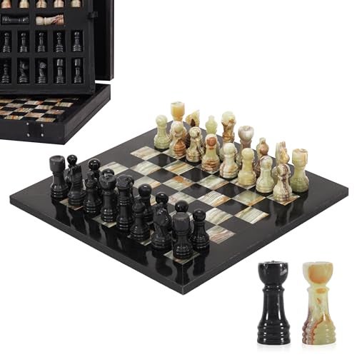 MARBLE RANGE Marble Chess Set for Adults 10 Handmade Black Green Onyx Board Game with 32 Chess Pieces 2 Extra Queens Storage Box Luxury Travel Game Elegant for Home Decor - Image 1