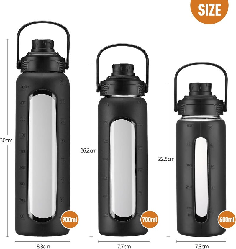 BLUEGO Glass Water Bottle, 900 ml, Sports Water Bottle with 2 Lids and Straw, Leak-Proof Glass Bottle with Time Marking and Measuring Scale, BPA-Free, Black - Image 5