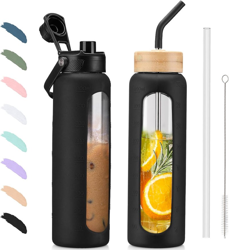 BLUEGO Glass Water Bottle, 900 ml, Sports Water Bottle with 2 Lids and Straw, Leak-Proof Glass Bottle with Time Marking and Measuring Scale, BPA-Free, Black - Image 1