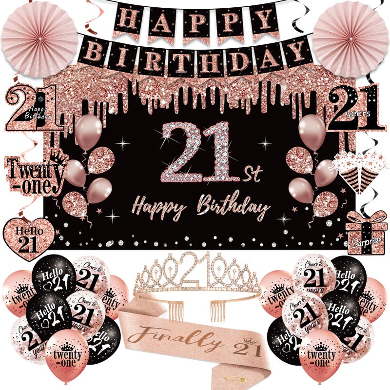 Uiorgui 21st Birthday Decorations for Her 33pcs 21 Crown and Sash Black Rose Gold Happy 21st Birthday Banner Balloons Backdrop Hanging Swirls Paper Fans 21 Years Old Party Decorations Kit - Image 2