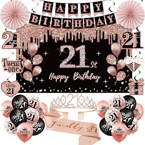 Uiorgui 21st Birthday Decorations for Her 33pcs 21 Crown and Sash Black Rose Gold Happy 21st Birthday Banner Balloons Backdrop Hanging Swirls Paper Fans 21 Years Old Party Decorations Kit - Image 1