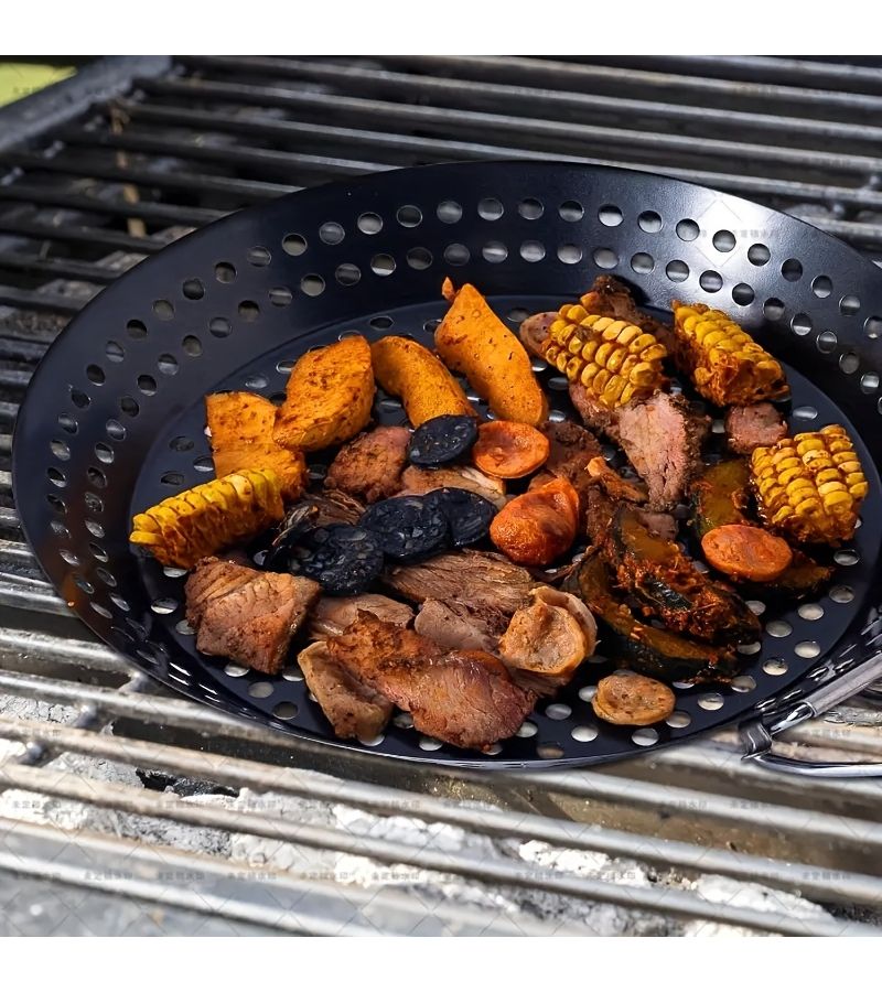 Outdoor BBQ Flat Round Grill Pan 12 Inch Non Stick Hollow Folding Handle - Image 2