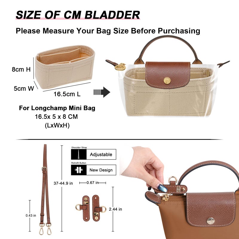 LOUKAYCCI 2 Kit Mini Bag Leather Shoulder Strap and Felt Purse Organizer Insert for Longchamp mini XS Bag Punch-Free Adjustable Buckle Designï¼ˆBeige & Strapï¼‰ - Image 4