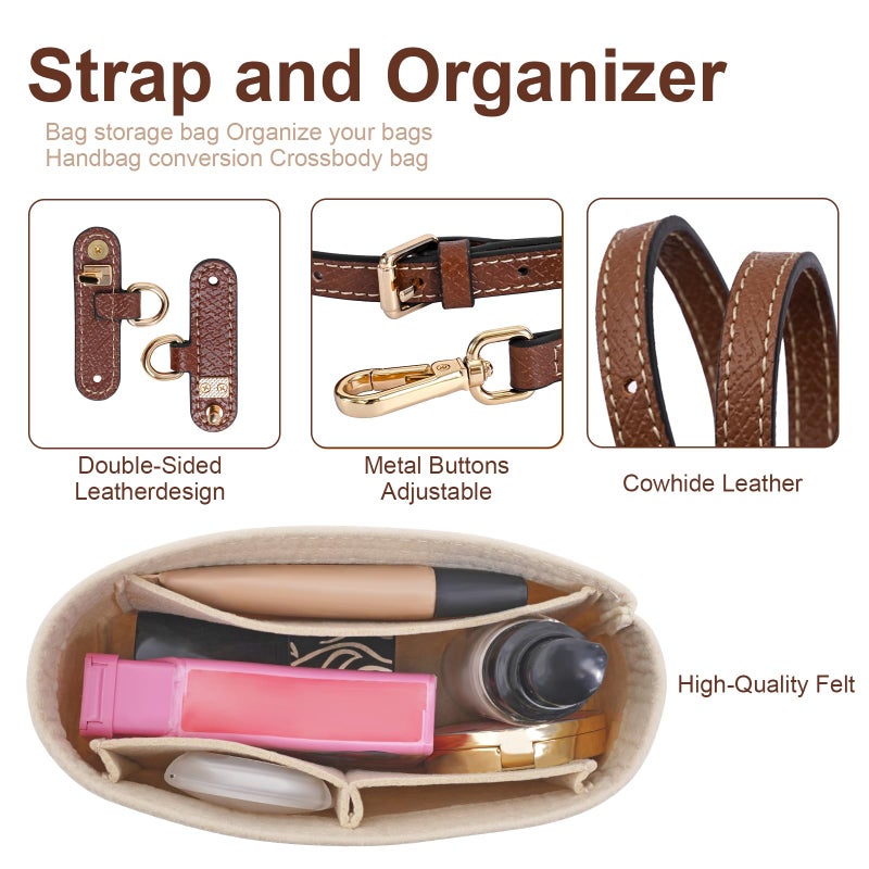 LOUKAYCCI 2 Kit Mini Bag Leather Shoulder Strap and Felt Purse Organizer Insert for Longchamp mini XS Bag Punch-Free Adjustable Buckle Designï¼ˆBeige & Strapï¼‰ - Image 3