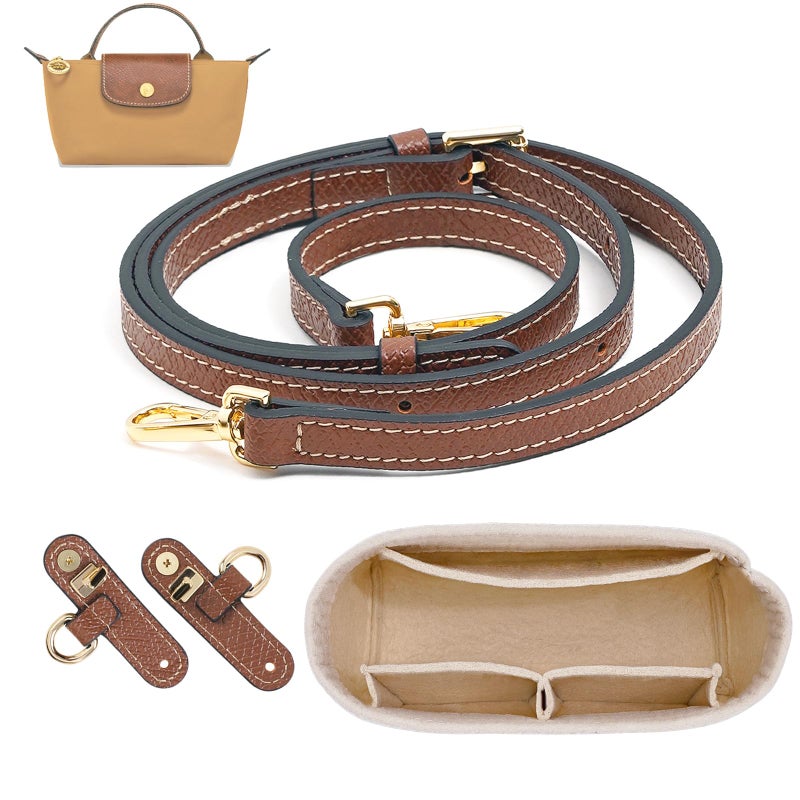 LOUKAYCCI 2 Kit Mini Bag Leather Shoulder Strap and Felt Purse Organizer Insert for Longchamp mini XS Bag Punch-Free Adjustable Buckle Designï¼ˆBeige & Strapï¼‰ - Image 1