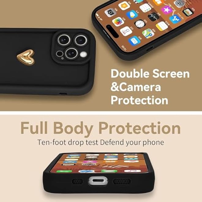 Parlberd Cases for iPhone 16 Pro Max Cute 3D Golden Heart Design Soft TPU Silicone Slim Phone Case Shockproof Slim Protective Phone Cover for Women Girls Black - Image 2