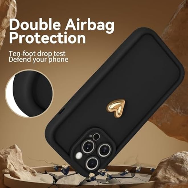 Parlberd Cases for iPhone 16 Pro Max Cute 3D Golden Heart Design Soft TPU Silicone Slim Phone Case Shockproof Slim Protective Phone Cover for Women Girls Black - Image 3