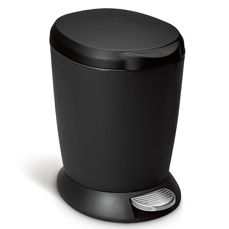 simplehuman 6 Liter / 1.6 Gallon Compact Plastic Round Bathroom Step Trash Can, Black - Image 1