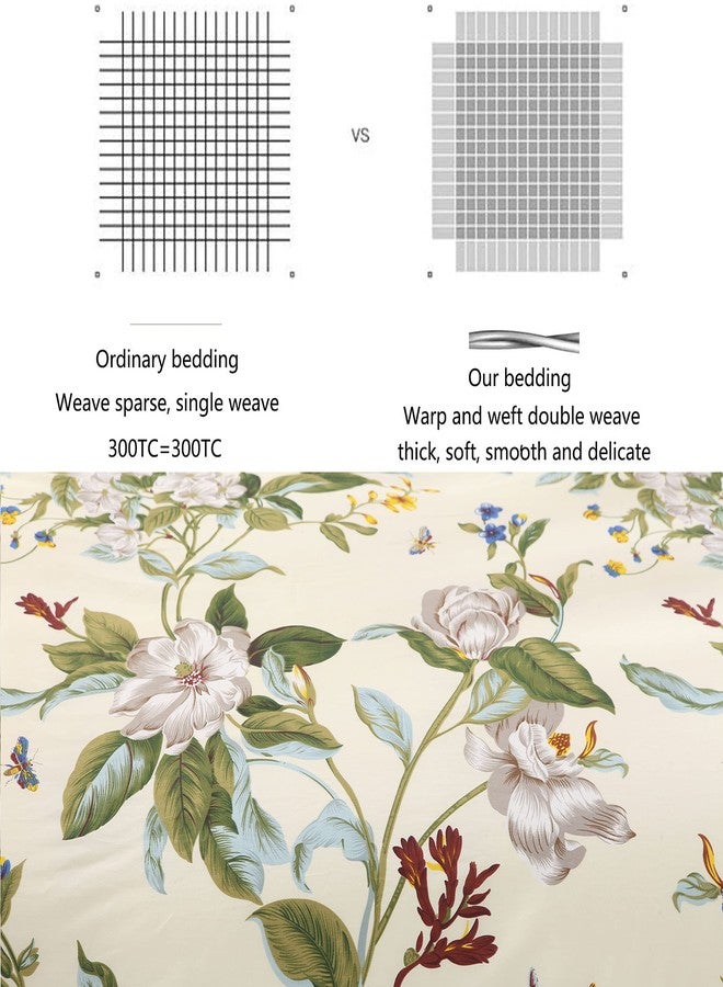 FADFAY Floral Duvet Cover Set 100% Cotton Green Striped and Beige Bedding White Flower Branches Print 600 TC Soft Reversible Zipper Bed Cover & 2 Pillowcases,King/Cal King(106x92) - Image 2