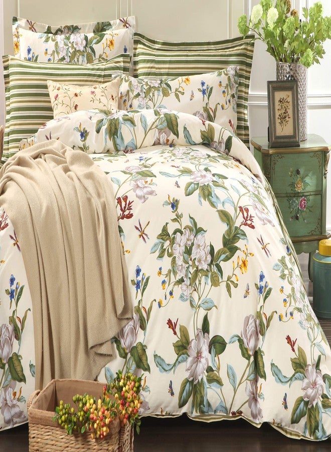 FADFAY Floral Duvet Cover Set 100% Cotton Green Striped and Beige Bedding White Flower Branches Print 600 TC Soft Reversible Zipper Bed Cover & 2 Pillowcases,King/Cal King(106x92) - Image 5