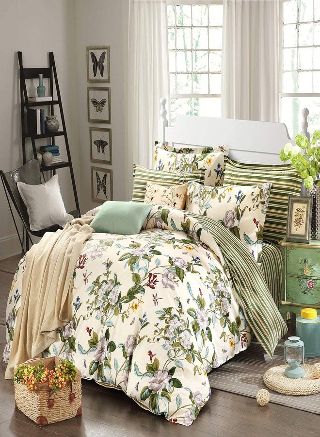FADFAY Floral Duvet Cover Set 100% Cotton Green Striped and Beige Bedding White Flower Branches Print 600 TC Soft Reversible Zipper Bed Cover & 2 Pillowcases,King/Cal King(106x92) - Image 1