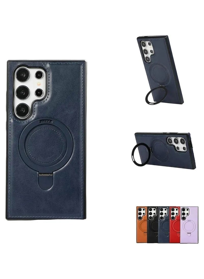 Luxury Leather Case with Magnetic Metal Stand for Samsung Galaxy S25 Ultra – Premium Protective Cover, Blue - Image 1