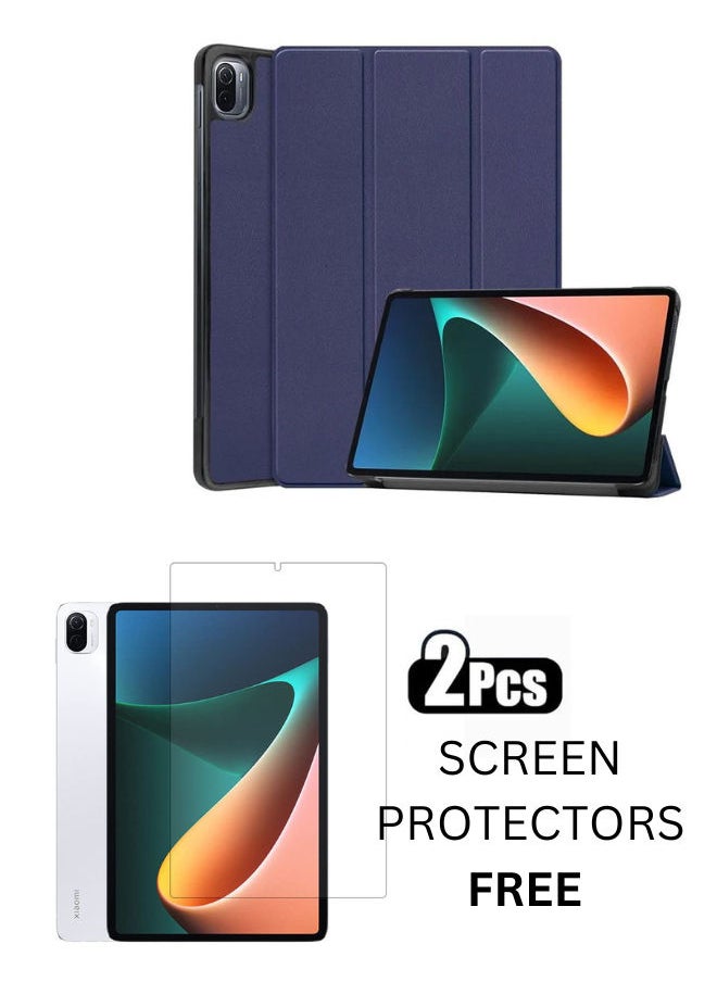 SHOPI Case for Xiaomi Pad 5/Mi Pad 5 Pro 11-inch ,Fashionable Smart Trifold Stand Cover, PU Leather Clear Transparent Back Cover for Xiao Mi Pad 5 - Blue With 2 FREE Screen Protectors  - Image 1