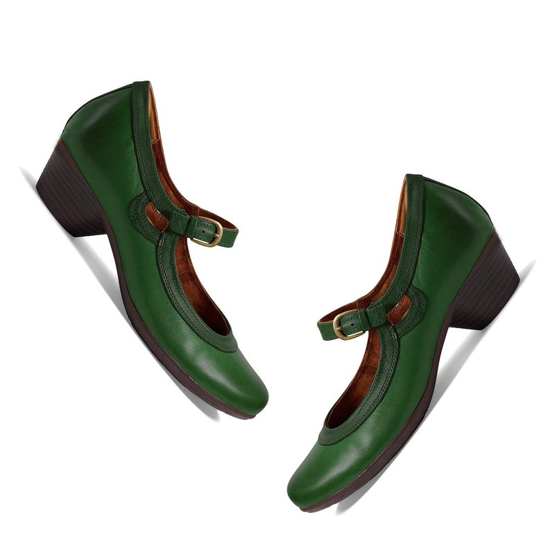SHODENSE Women Retro Green Chunky Heel Mary Jane Shoes Round Toe Ankle Strap Dress Pumps Sandals 2 inch Mid Block Heel Mary Janes Two Tone Matte Buckle Cute Wedding Casual Green 6 M US - Image 5