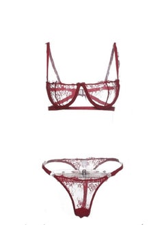 2-Piece Women Lace Detailed Lingerie Set Wine Red