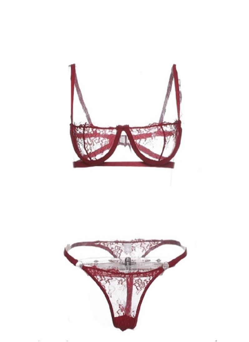 Joychic - 2-Piece Women Lace Detailed Lingerie Set Wine Red - Image 1
