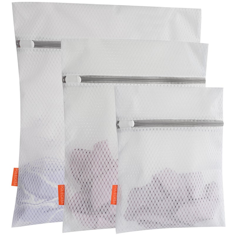 Polecasa 3Pcs Extra Durable 125g Diamond Mesh Laundry Bags with Sturdy Zipper Larger Holes Variety Sizes for all Your Delicates Bras Baby Clothes Travel Essentials 1 Large 1 Medium 1 Small