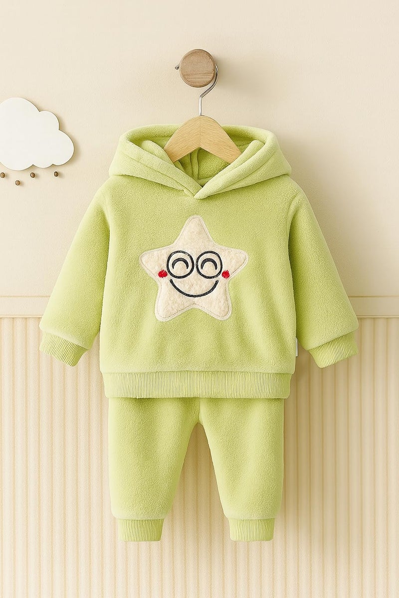 Bold N Elegant Kids Smiling Star Warm Fleece Fur Pullover Sweatshirt Hoodie Tshirt and Jogger Pant Winter Clothing Set Dress for Infant Toddler Kids (Pajama Set, Olive Green, 18 Months-24 Months) - Image 2