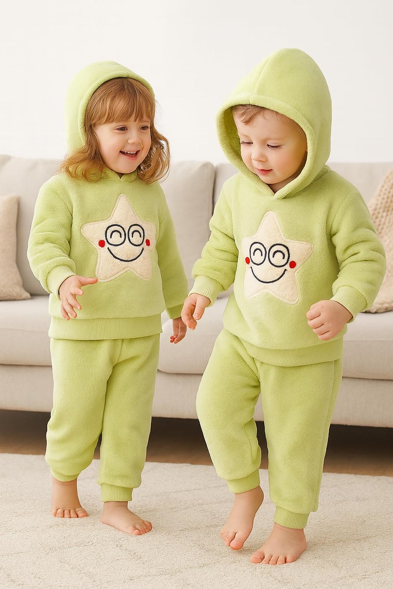 Bold N Elegant Kids Smiling Star Warm Fleece Fur Pullover Sweatshirt Hoodie Tshirt and Jogger Pant Winter Clothing Set Dress for Infant Toddler Kids (Pajama Set, Olive Green, 18 Months-24 Months) - Image 3