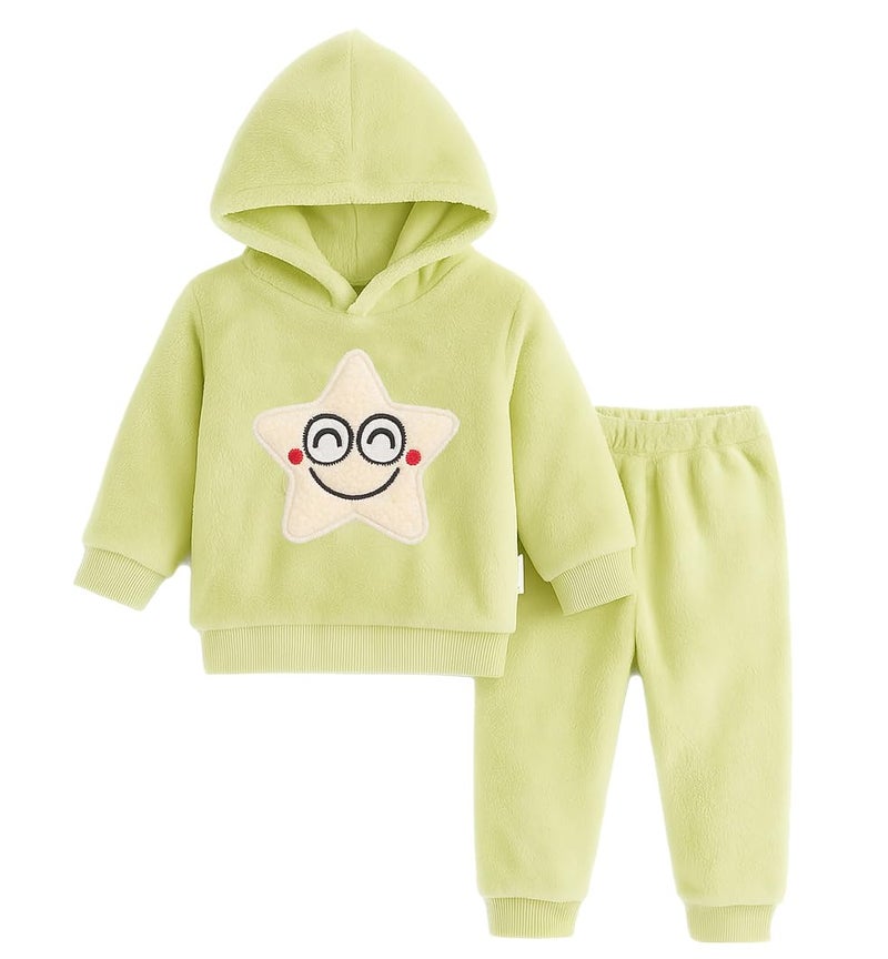Bold N Elegant Kids Smiling Star Warm Fleece Fur Pullover Sweatshirt Hoodie Tshirt and Jogger Pant Winter Clothing Set Dress for Infant Toddler Kids (Pajama Set, Olive Green, 18 Months-24 Months) - Image 1