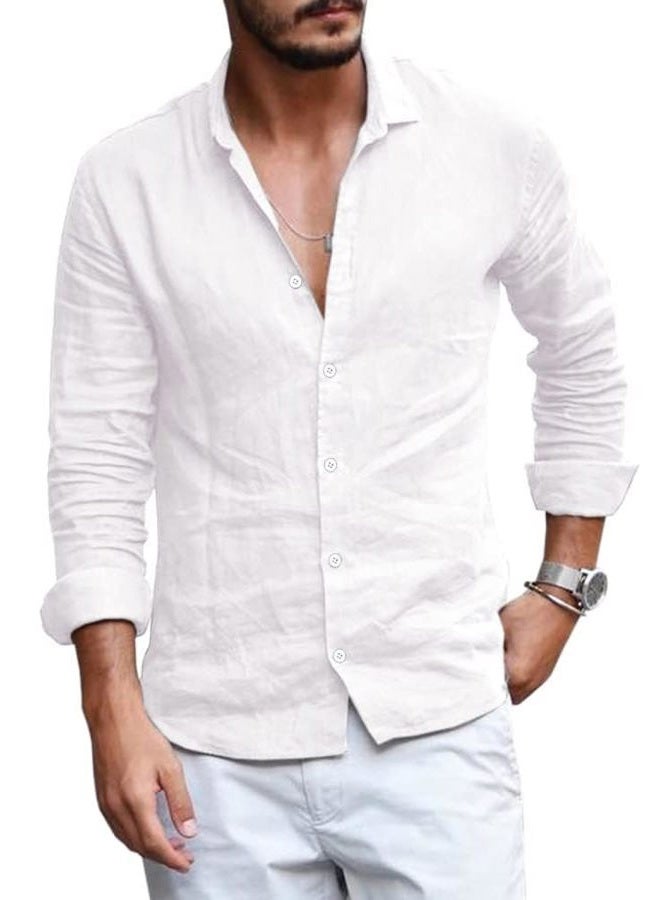 Runcati Mens Button Down Shirt Linen Cotton Shirts Casual Long Sleeve Spread Collar Lightweight Beach Plain Tops, 01 White, M - Image 1