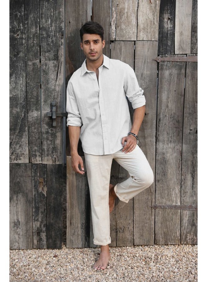 Runcati Mens Button Down Shirt Linen Cotton Shirts Casual Long Sleeve Spread Collar Lightweight Beach Plain Tops, 01 White, M - Image 3