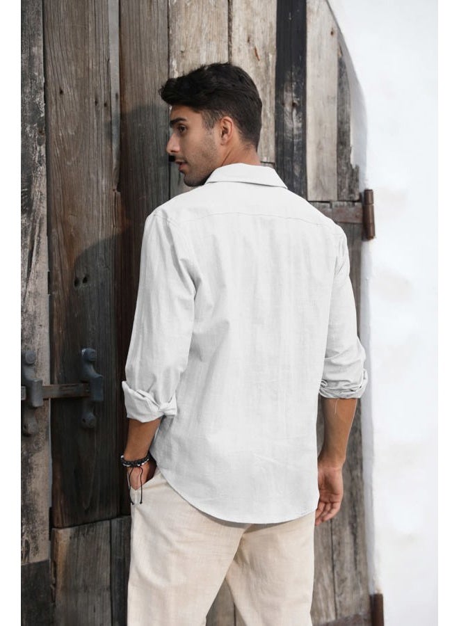 Runcati Mens Button Down Shirt Linen Cotton Shirts Casual Long Sleeve Spread Collar Lightweight Beach Plain Tops, 01 White, M - Image 4