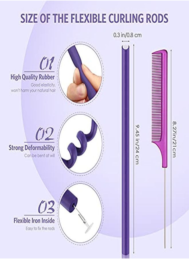 Chuangdi 20 Pcs Flexible Curling Rods Twist Foam Hair Rollers Soft Foam No Heat Hair Rods Rollers Curlers And Steel Pintail Comb Rat Tail Comb For Women Girls Long And Short Hair (0.31 X 9.4 Inch Purple)  - Image 2
