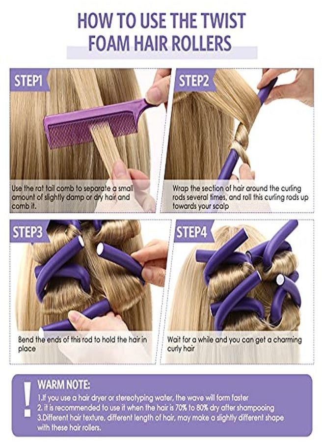 Chuangdi 20 Pcs Flexible Curling Rods Twist Foam Hair Rollers Soft Foam No Heat Hair Rods Rollers Curlers And Steel Pintail Comb Rat Tail Comb For Women Girls Long And Short Hair (0.31 X 9.4 Inch Purple)  - Image 3