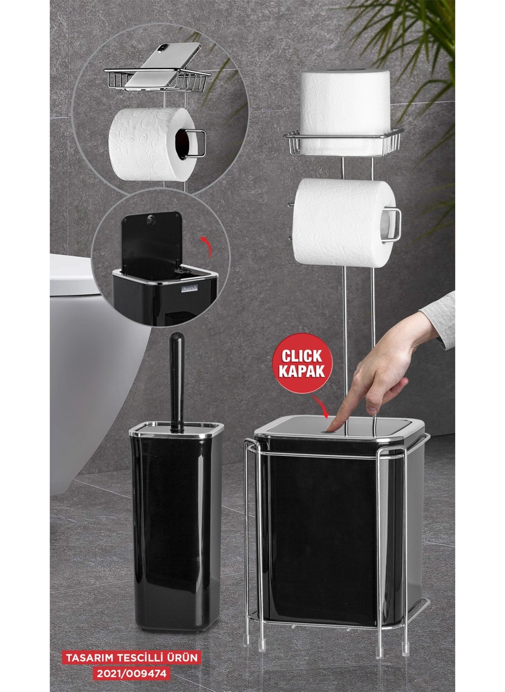 ‎okyanus Home Ocean Home Chrome Replacement WC Paper Holder, Black Trash Can and WC Brush Set  - Image 1