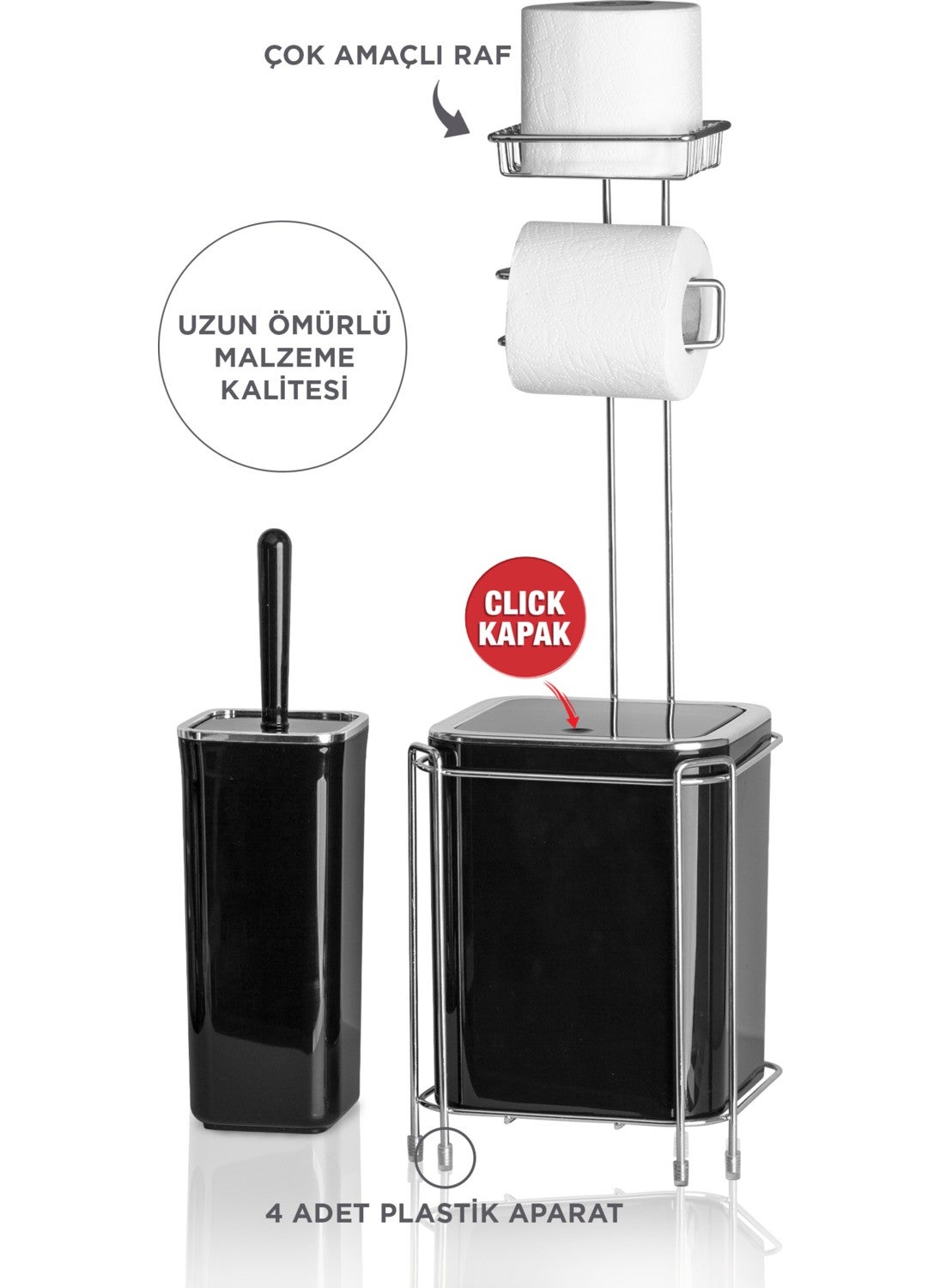 ‎okyanus Home Ocean Home Chrome Replacement WC Paper Holder, Black Trash Can and WC Brush Set  - Image 2