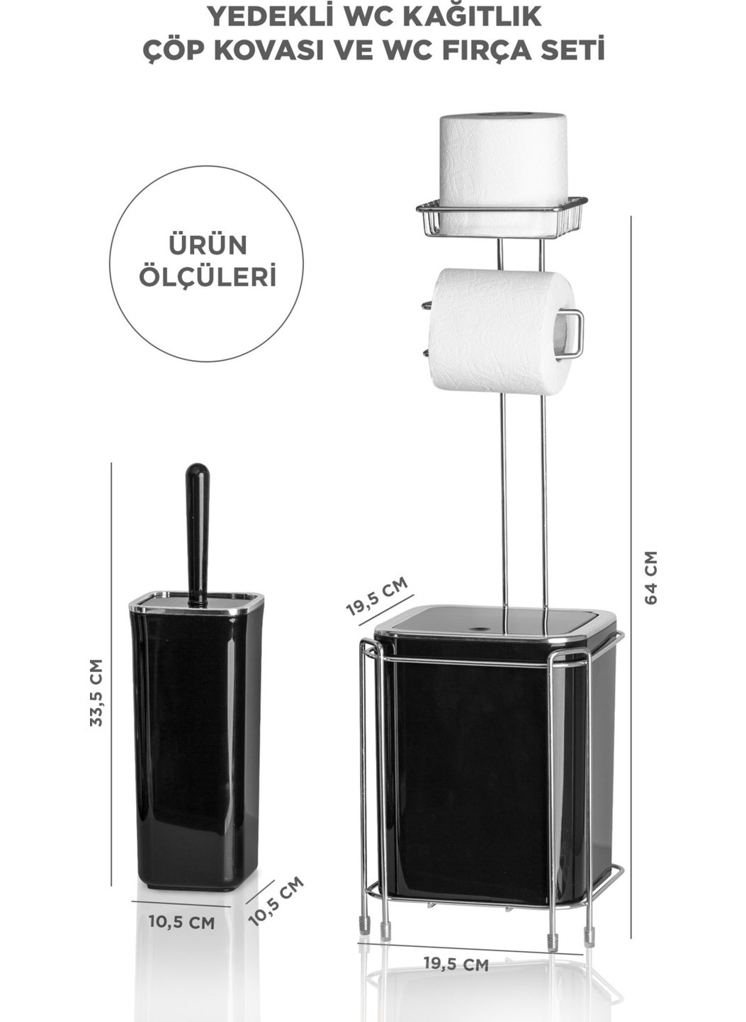 ‎okyanus Home Ocean Home Chrome Replacement WC Paper Holder, Black Trash Can and WC Brush Set  - Image 3