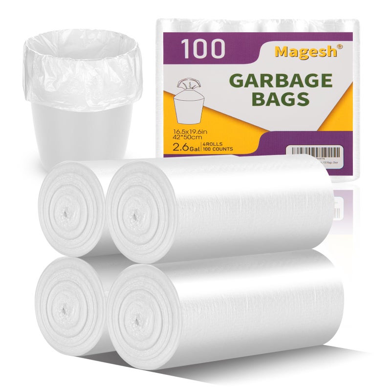 Magesh 2.6 Gallon Small Trash Bags, Magesh 2.6 Gallon Trash Bag Strong, Leakage-Free, Small Garbage Bags Unscented Thick for Bathroom, Office, Kitchen Mini Trash Can, 100 Bags, Clear - Image 1