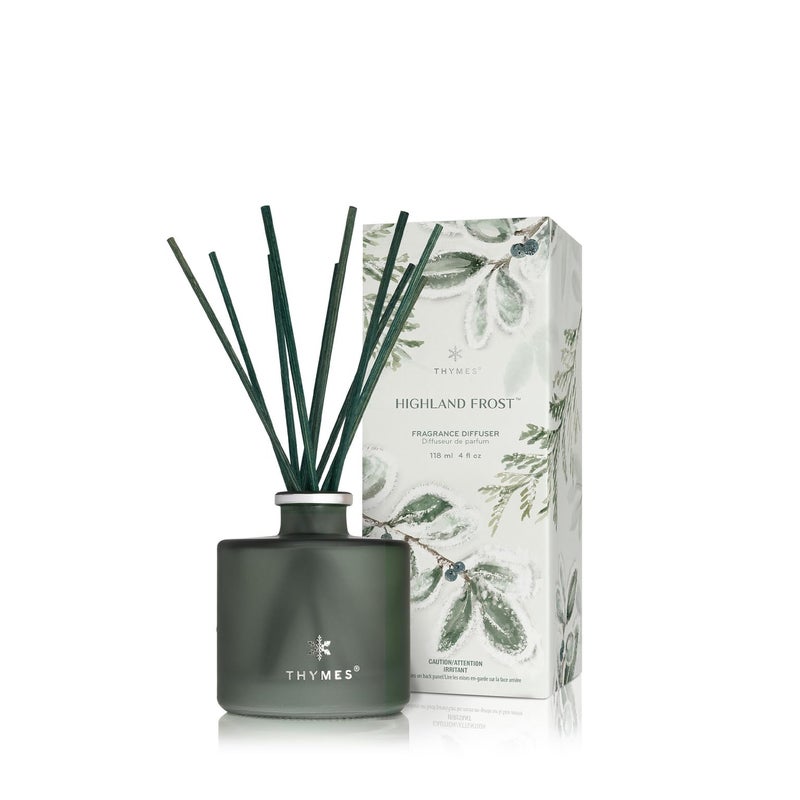 Thymes Petite Oil Reed Diffuser Set  Includes Reed Diffuser Sticks Fragrance Oil  Glass Bottle  Luxury Home Decor  Holiday Decor  Winter Scents  SageGreen Highland Frost 4 fl oz