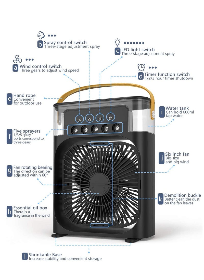 Generic Portable Air Conditioner Fan Mini Evaporative Air Cooler with 7 Colors LED Light 1/2/3 H Timer 3 Wind Speeds and 3 Spray Modes for Office Home Dorm Travel(Black)  - Image 2