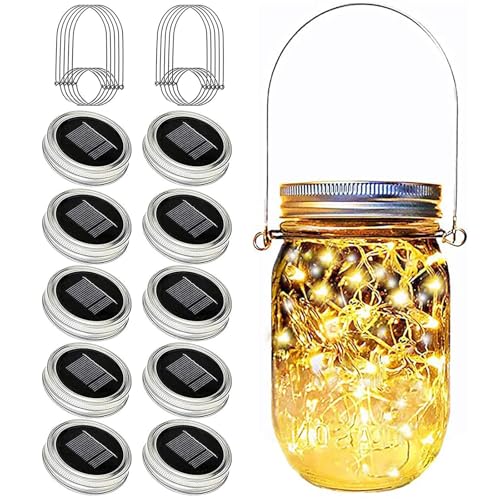 VOOKRY Solar Mason Jar Lights - 10 Pack 30 LED Waterproof Outdoor Fairy Firefly Jar Lids String Lights with Hangers (No Jars) for Mason Jars Patio Garden Yard Party Wedding Decoration(Warm White) - Image 1