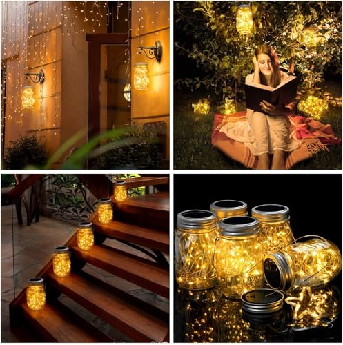 VOOKRY Solar Mason Jar Lights - 10 Pack 30 LED Waterproof Outdoor Fairy Firefly Jar Lids String Lights with Hangers (No Jars) for Mason Jars Patio Garden Yard Party Wedding Decoration(Warm White) - Image 4