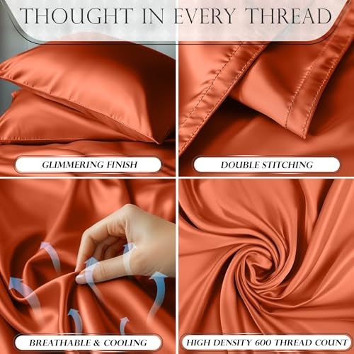 DECOLURE Satin Bed Sheets - 4 Piece Luxury Silky Queen Size Bedding Set - Softer Than Silk, Wrinkle-Free with 15” Deep Pocket Fitted Sheet, Perfect for Hair & Skin, Gifts for Women (Burnt Orange) - Image 3