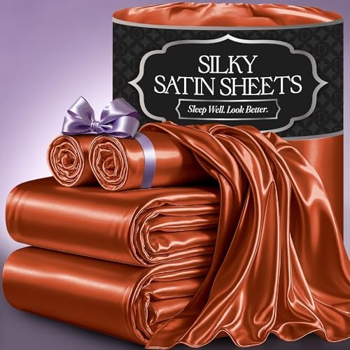 DECOLURE Satin Bed Sheets - 4 Piece Luxury Silky Queen Size Bedding Set - Softer Than Silk, Wrinkle-Free with 15” Deep Pocket Fitted Sheet, Perfect for Hair & Skin, Gifts for Women (Burnt Orange) - Image 1
