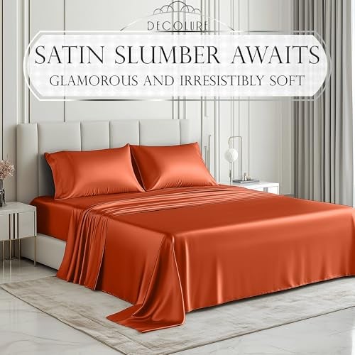 DECOLURE Satin Bed Sheets - 4 Piece Luxury Silky Queen Size Bedding Set - Softer Than Silk, Wrinkle-Free with 15” Deep Pocket Fitted Sheet, Perfect for Hair & Skin, Gifts for Women (Burnt Orange) - Image 2
