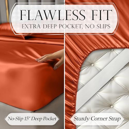 DECOLURE Satin Bed Sheets - 4 Piece Luxury Silky Queen Size Bedding Set - Softer Than Silk, Wrinkle-Free with 15” Deep Pocket Fitted Sheet, Perfect for Hair & Skin, Gifts for Women (Burnt Orange) - Image 5