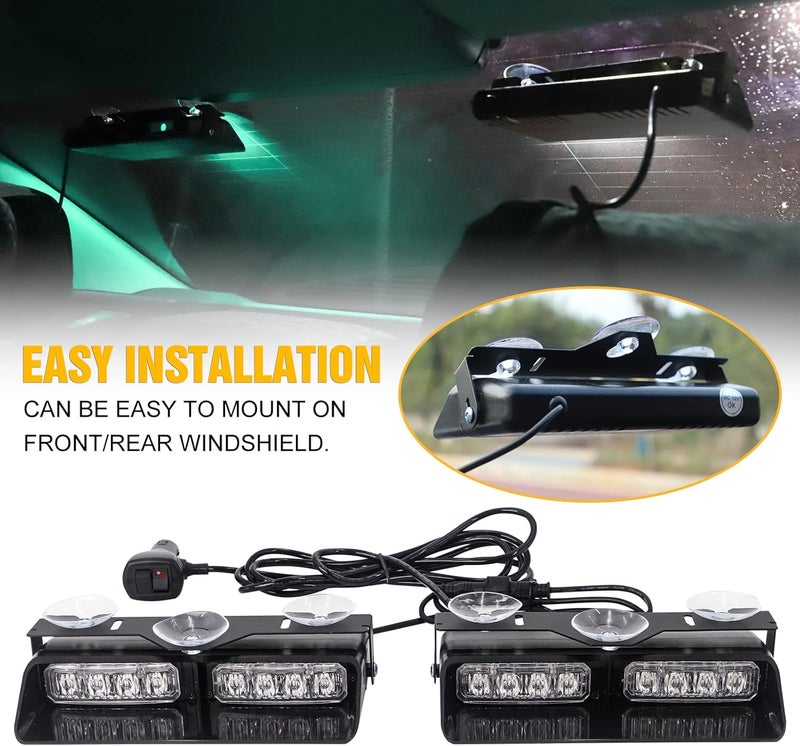 XRIDONSEN 2 in 1 Green White Dash Emergency Strobe Lights Interior Windshield Warning Safety Flashing Lights w/Suction Cups for Construction Vehicles, Truck (2×7.16 inch, 16 LED) - Image 4