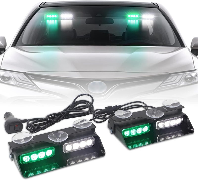 XRIDONSEN 2 in 1 Green White Dash Emergency Strobe Lights Interior Windshield Warning Safety Flashing Lights w/Suction Cups for Construction Vehicles, Truck (2×7.16 inch, 16 LED) - Image 1